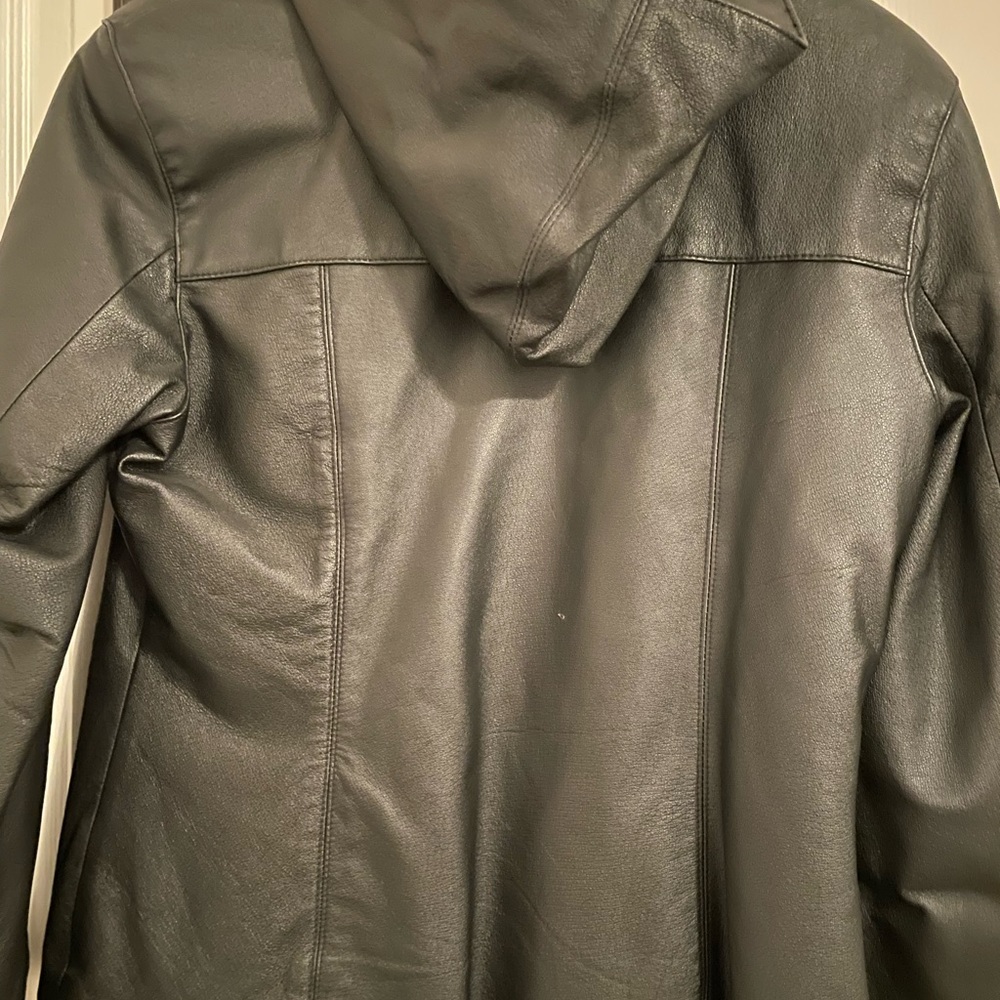 Super cute leather black jacket with a hoodie